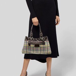 Coach Penelope Tattersall plaid wool tweed tote bag with patent leather trim.